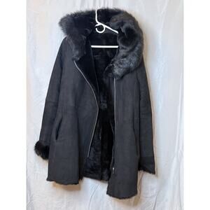 KARL LAGERFELD Women Lamb Shearling Winter Coat Black Real Genuine Designer sz L